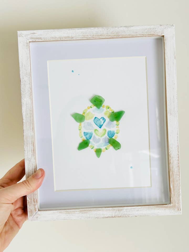 Tranquil Turtle Sea Glass Art | 8"x10" in a Shadowbox Frame for wholesale by Sook & Hook