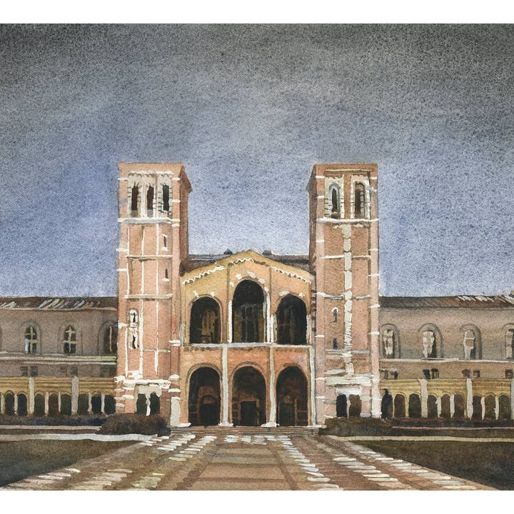 Royce Hall sur le campus de l'UCLA. Peinture à l'aquarelle Royce Hall UCLA œuvre d'art Bruins Los Angeles (impression) pour la vente par Ryan Fox Fine Art