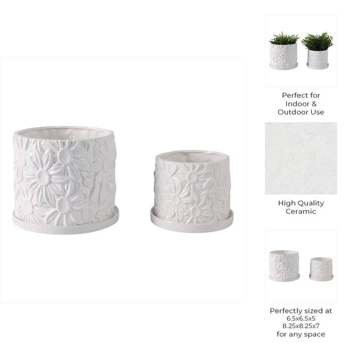 Sagebrook Home - Wholesale Plant Pot - White 6/8 in. Stoneware Daisy Flower Planters (Set of 2)