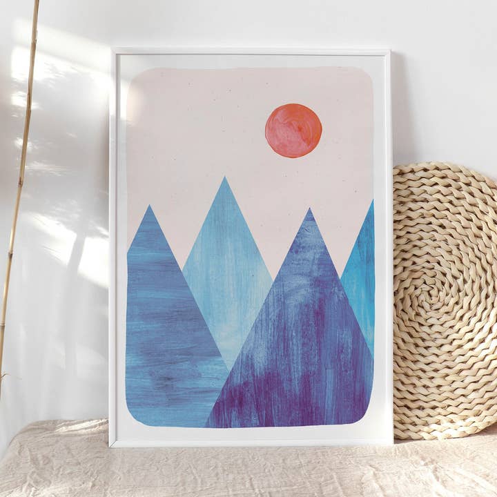 Geometrische blauwe bergen A4-kunstdruk voor wholesale door Paperlandscape