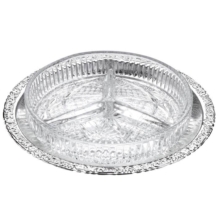 3 Div Hors d'oeuvre on Tray 9 3/8"dia x 1 5/8"h English Silver Plate (Tarnish Resistant). SKU #: 0/6207/2. for wholesale by Corbell Silver