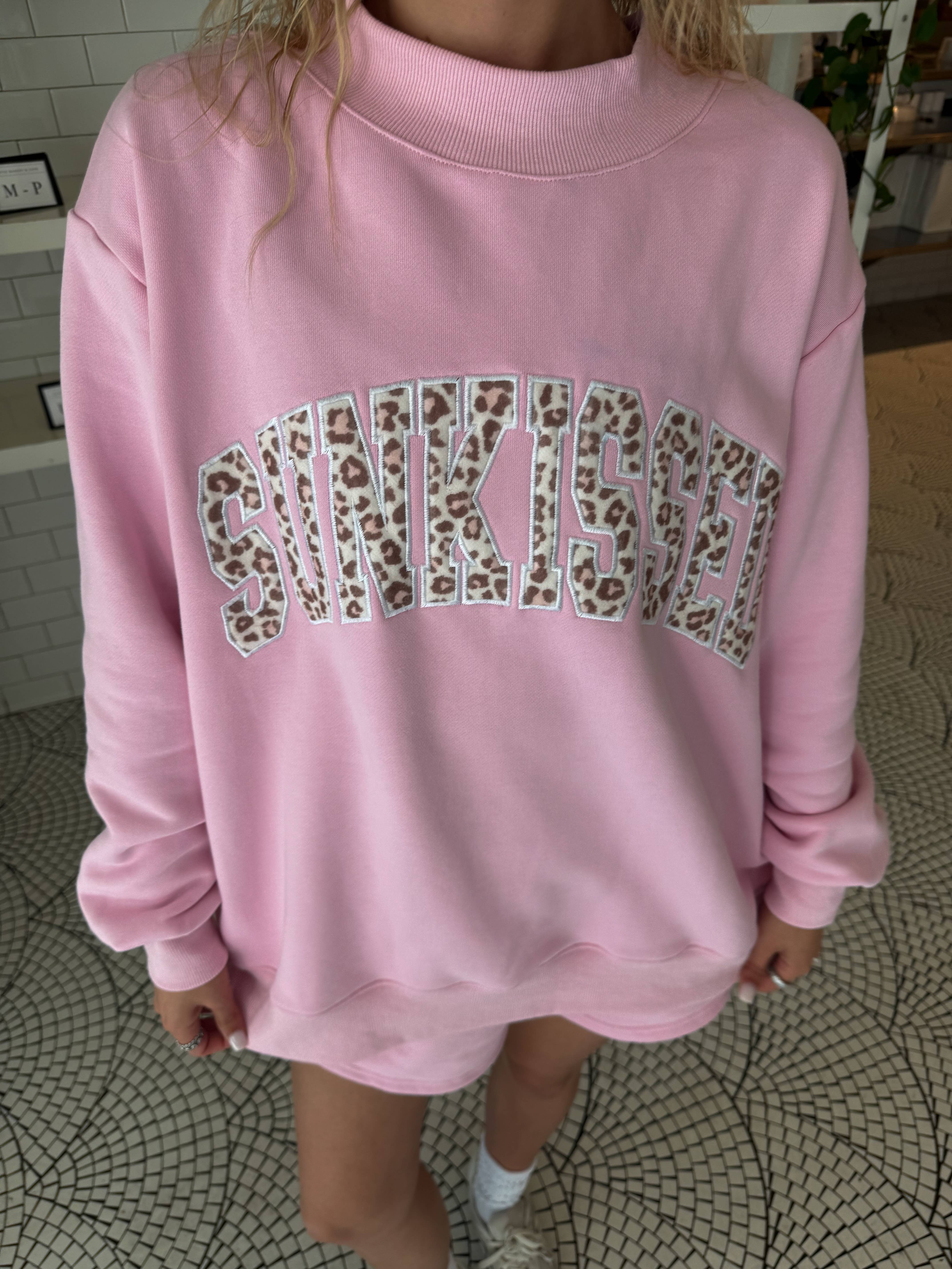 Bubblegum Pink Cheetah Print Varsity Sunkissed Embroidered Mockneck Sweatshirt 100% Cotton for wholesale on Faire1