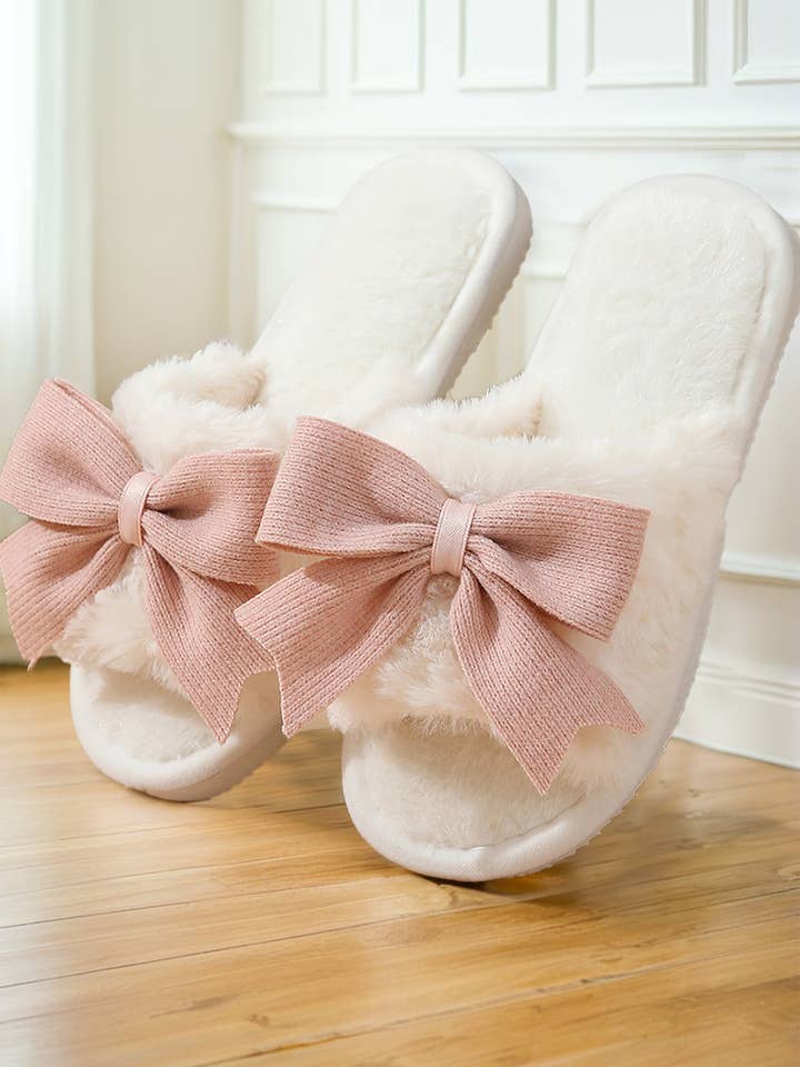 White Bow Knot Decor Open Toe Plush Slippers for wholesale on Faire