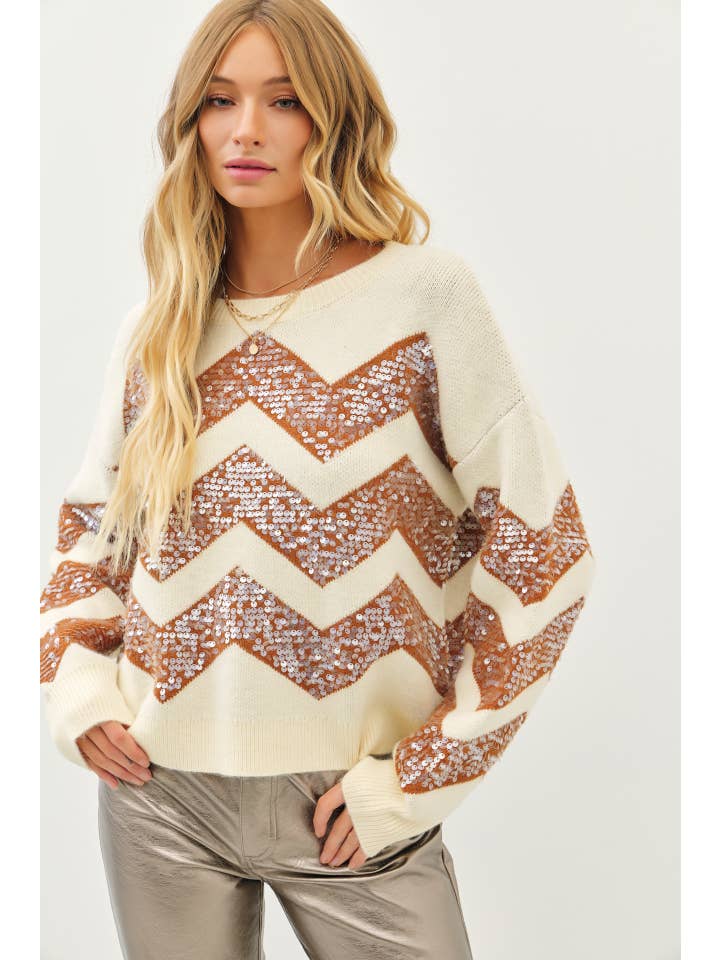 idem ditto - Wholesale Knit Sweater - Women's - TWO TONE CHEVRON SWEATER WITH TRENDY CLEAR SEQUIN