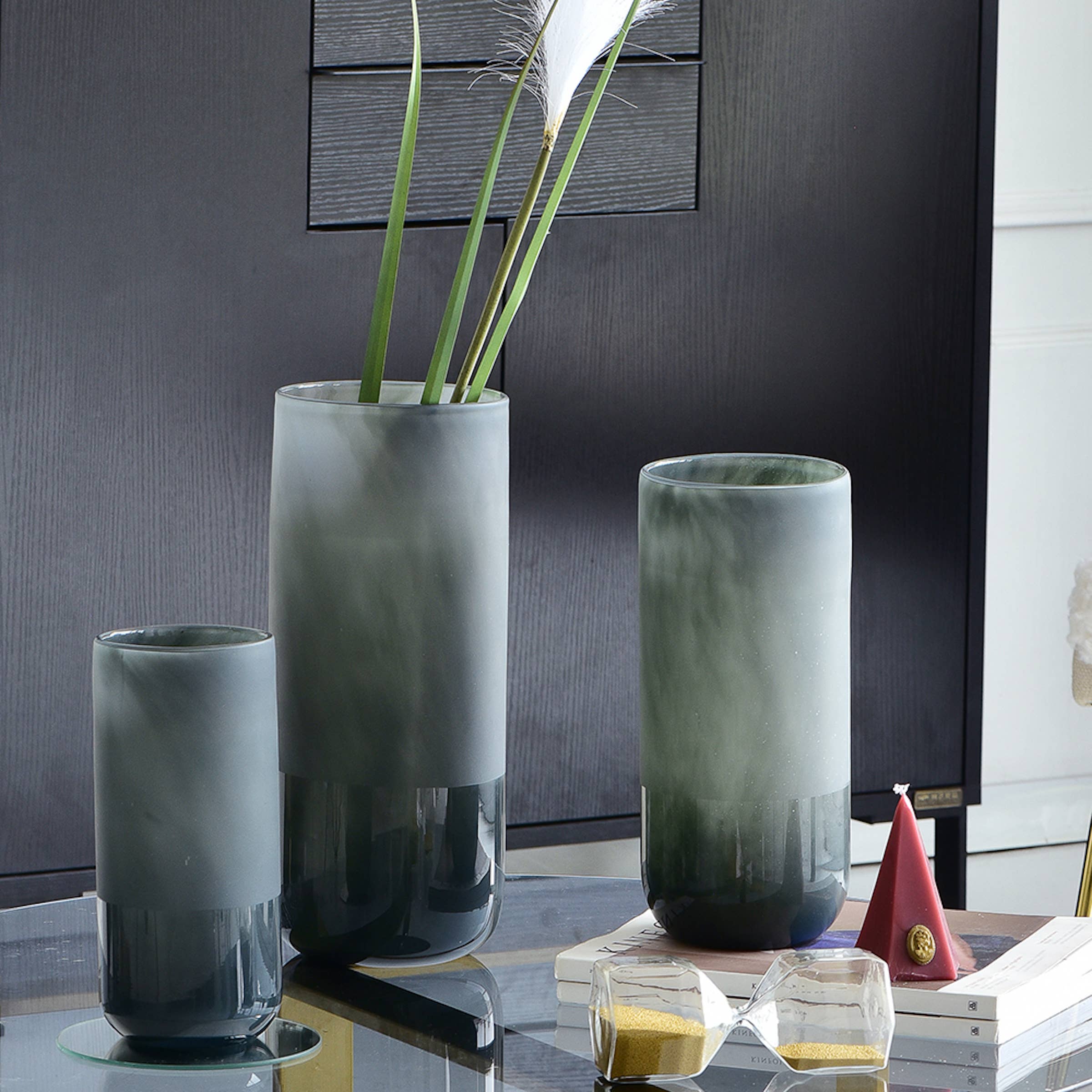 Noah Decoration – Vaso por atacado – Vaso de Vidro Cinzento Cilíndrico Jateado7