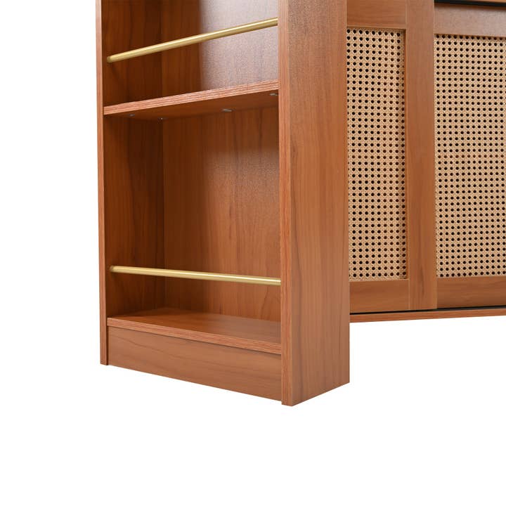 Urban Meuble - Wholesale Sideboard - VEENNA pivotable extendable bar table with wood effect storage, rattan, and golden handles13