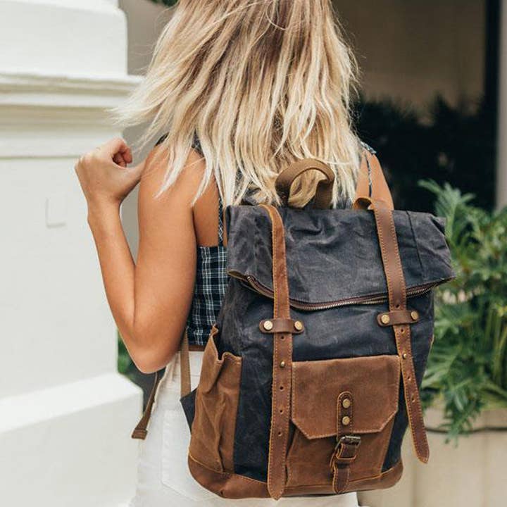 RockCow Leather Studio – wholesale Ryggsäck - Unisex – Vaxduk med fullnarvläder Reseryggsäck Vattentät vaxad duk Laptopryggsäck Canvas Utomhusryggsäck