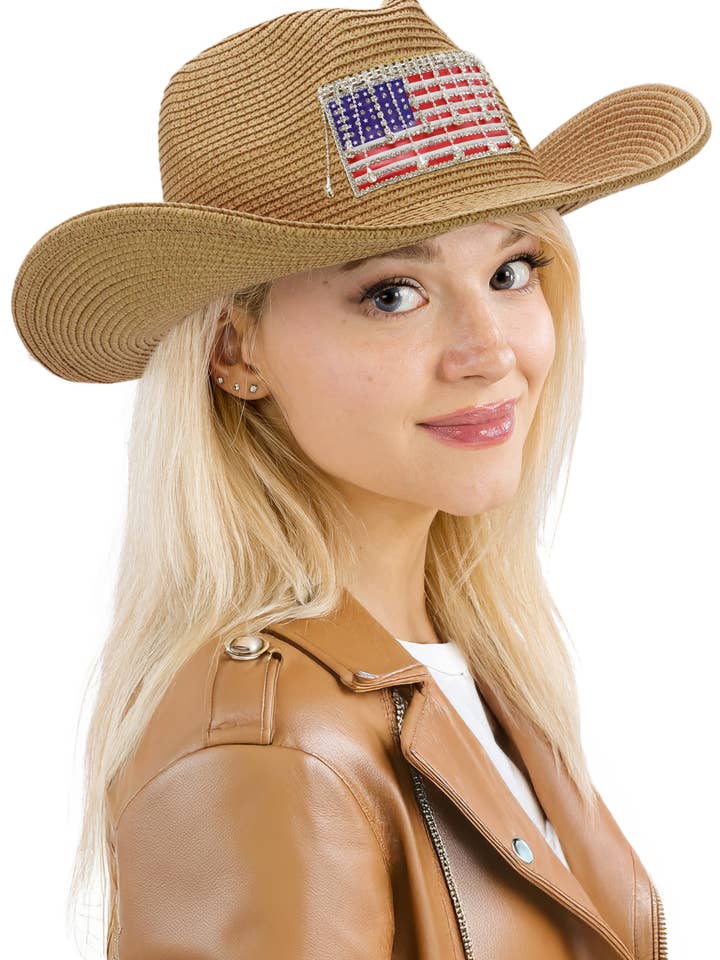 Cappello da cowboy Yeehaw di paglia con patch bandiera americana e frange luccicanti per la vendita all'ingrosso da parte di Cap Zone