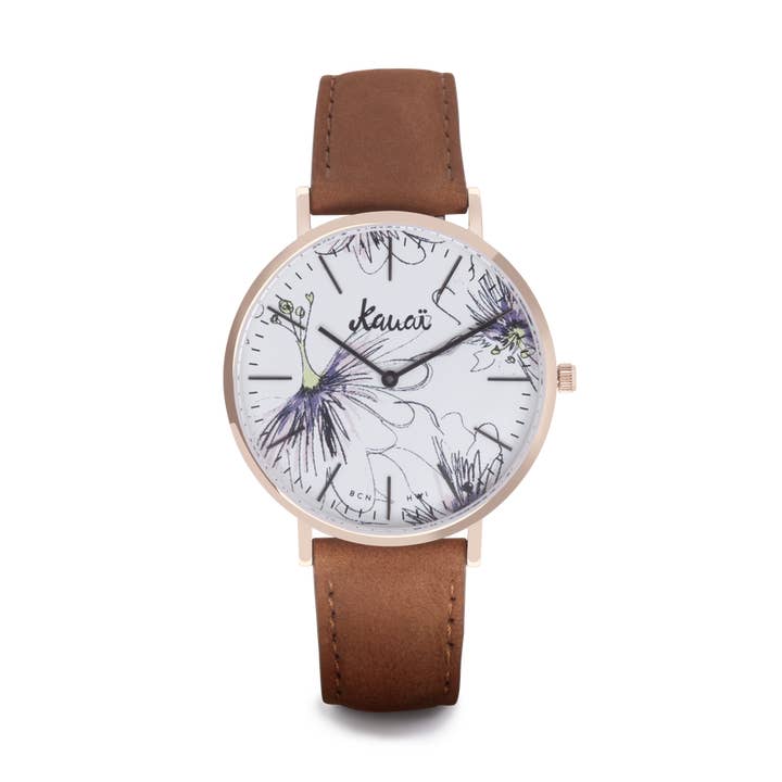 Napali Pua Brown Flower Watch | Brun läderrem för wholesale av Kauai watches