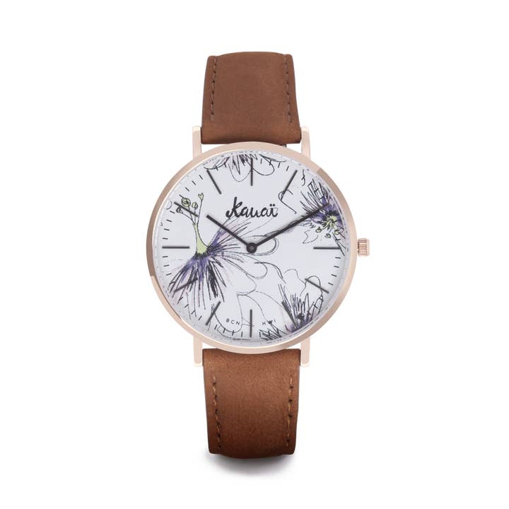 Napali Pua Brown Flower Watch | Brown Leather Strap for wholesale by Kauai watches