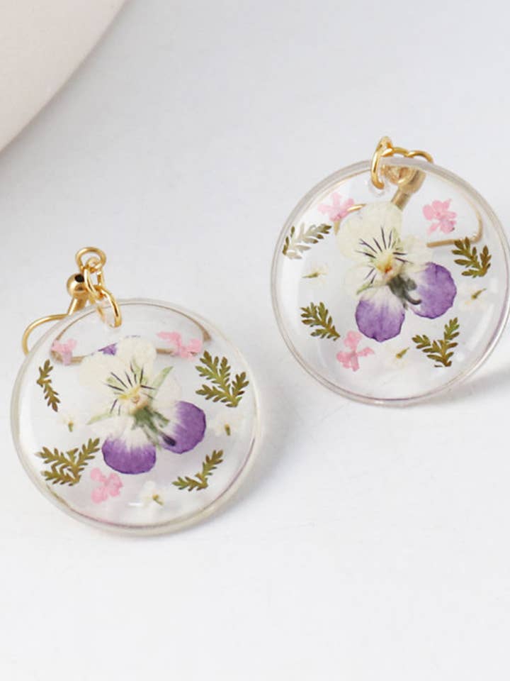 Pressed Flower Earrings - Pink and Purple for wholesale by Poetose