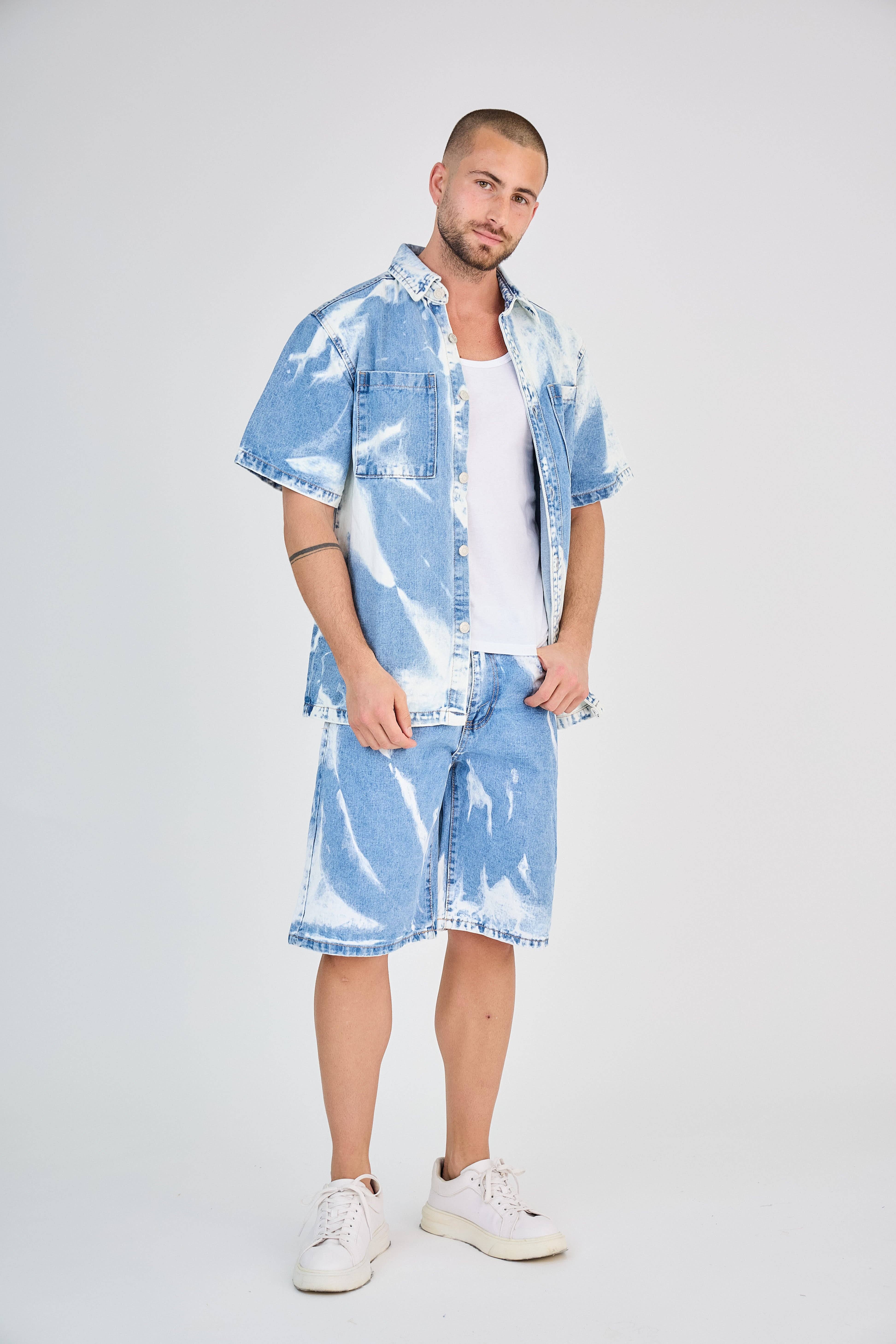 TOP MONDAY - Wholesale Top & Short Set (NOT Loungewear) - Men's - Blue Washed Effect Jeans Set1