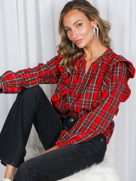 Edge Trim Ruffle Accents Plaid Blouse for wholesale by Pink Irene Wholesale