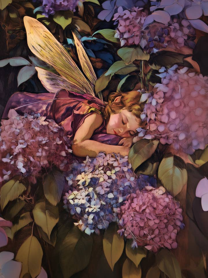 Fee Slaapt in Hortensia's – 8″x10″ Kunstwerk in 10″x12″ Passe-partout voor wholesale door Mowbi