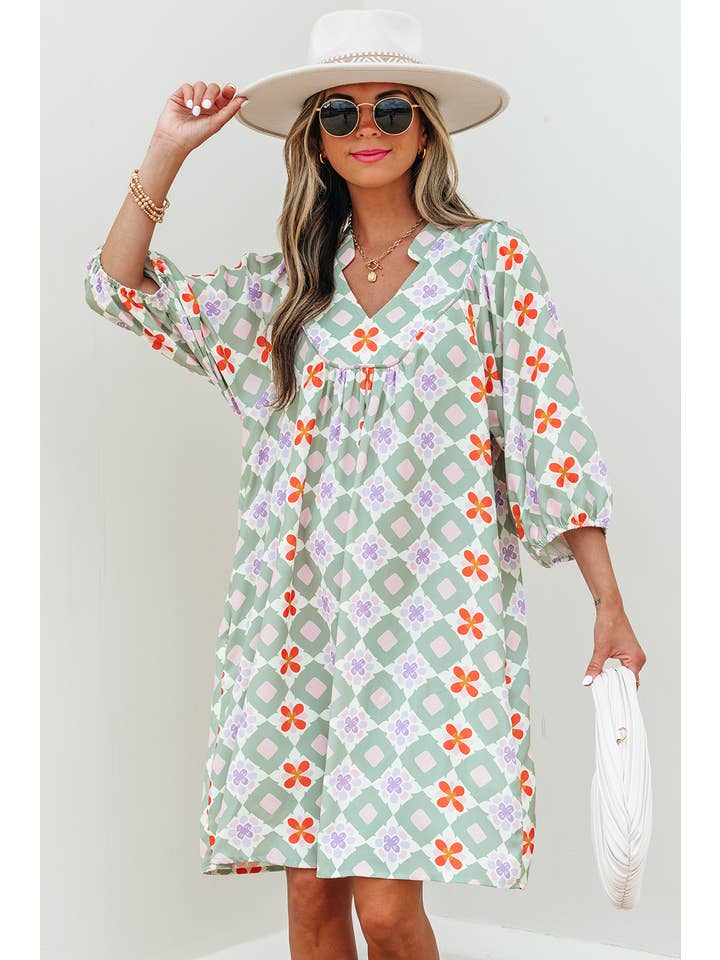 As shown Geometric Floral Print Notched Neck Mini Dress | S-XL for wholesale on Faire