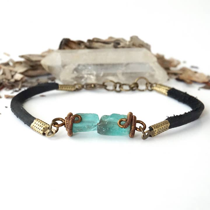 Raw Apatite Bracelet, Leather Jewelry, December Crystal for wholesale by Raw Stone Elegance