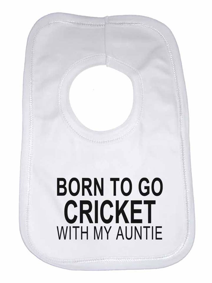 Born to Go Cricket with My Auntie Boys Girls Baby Bibs for wholesale by Little Ratbag