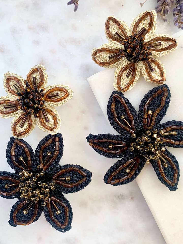 Olivia Beaded Floral Statement Earrings Black & Beige for wholesale by Seyyah