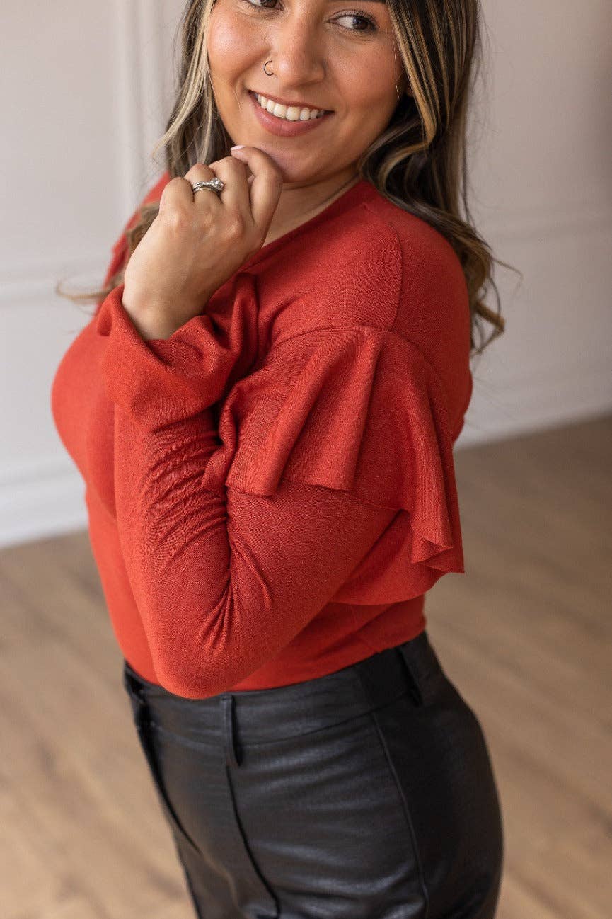 Rust Rustic Shimmer Bodysuit With Ruffle Shoulder Sleeve for wholesale on Faire5