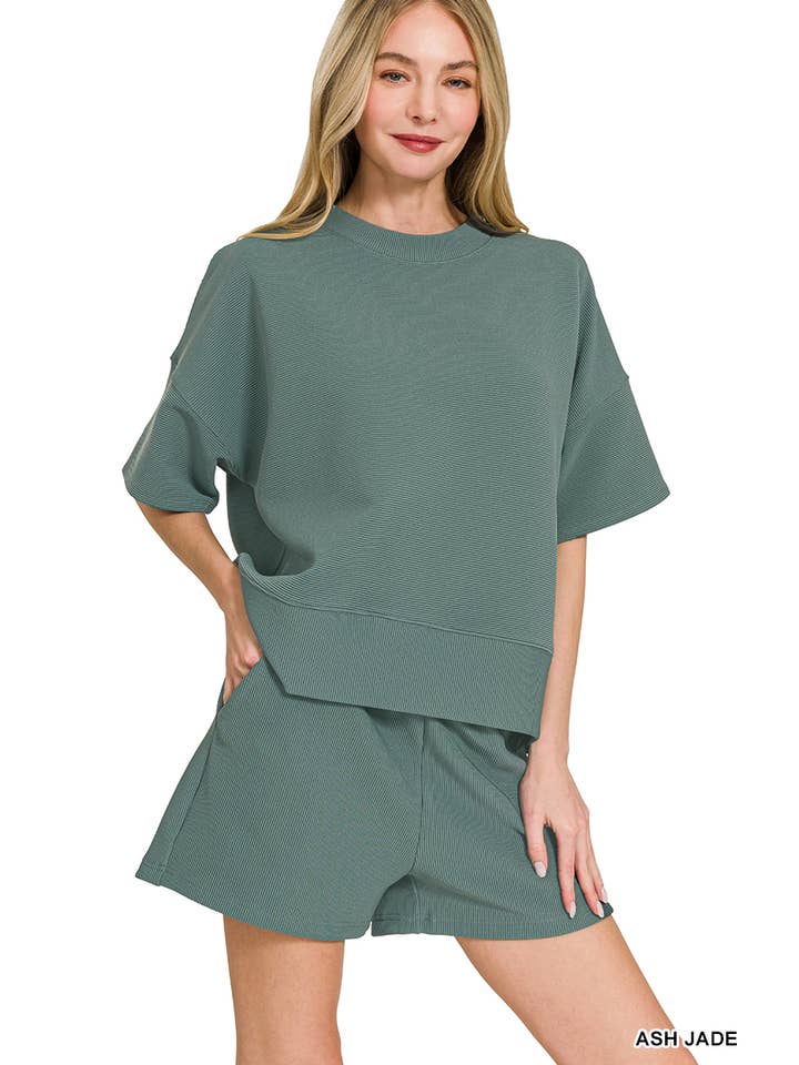 42POPS - Wholesale Lounge Set - Women's - ....SI-27738 Ribbed Round Neck Waist Banded Tee & Shorts 2PC Set