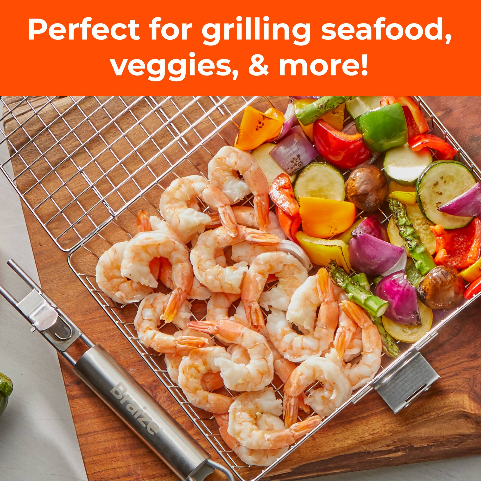 Braize – wholesale Outdoor grill tools – Grill Basket Set with Lid, Handle, Sponge & Basting Brush5