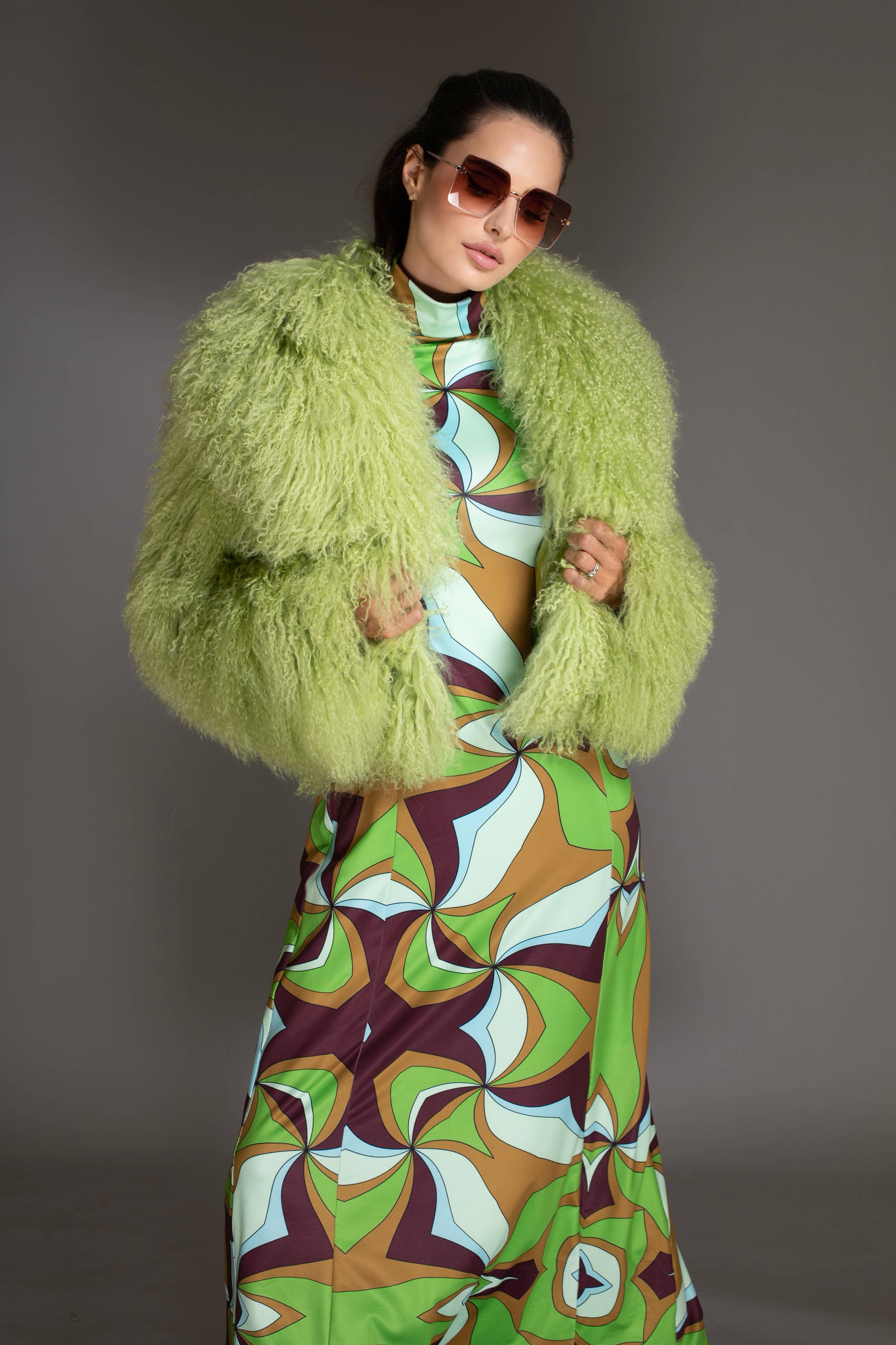 Nuvula - Vente Manteau en fourrure/fausse fourrure – femme - Manteau en laine tondue mongole verte4