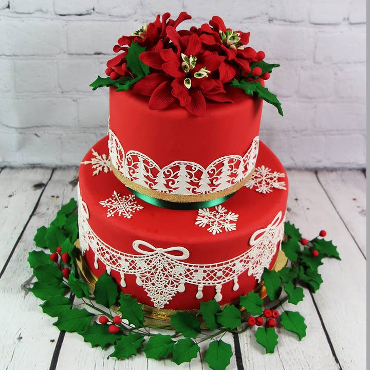 Global Sugar Art - Wholesale Cake/cupcake topper - Poinsettia Sugar Flower & Holly Leaf Spray Kit for Cakes, by Global Sugar Art, Small with Berries3