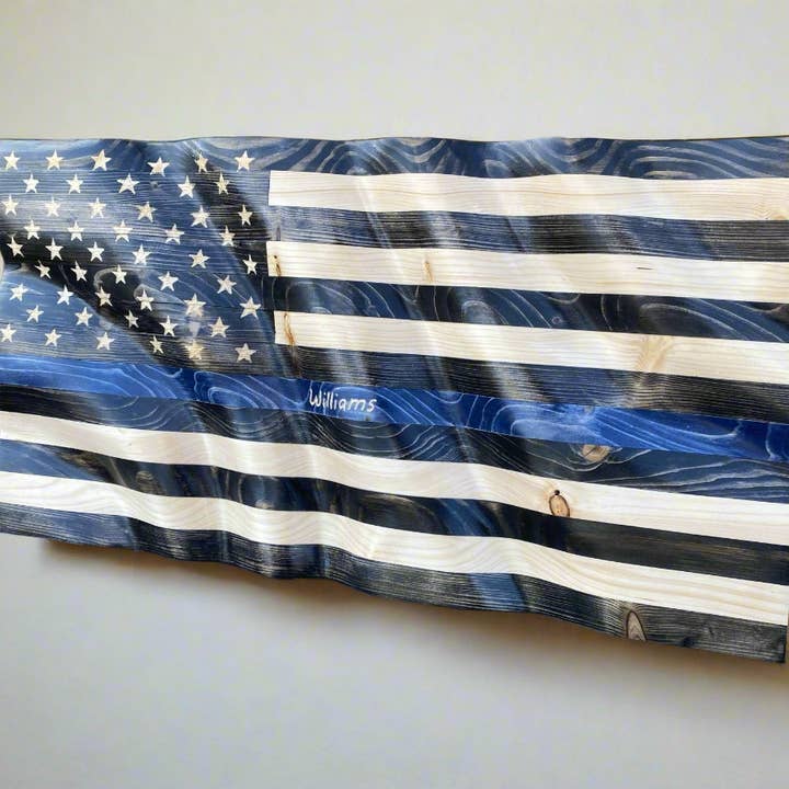 Rugged Cross Creations - Wholesale Wall Sign - Waving Wooden Thin Blue Line Police Flag8