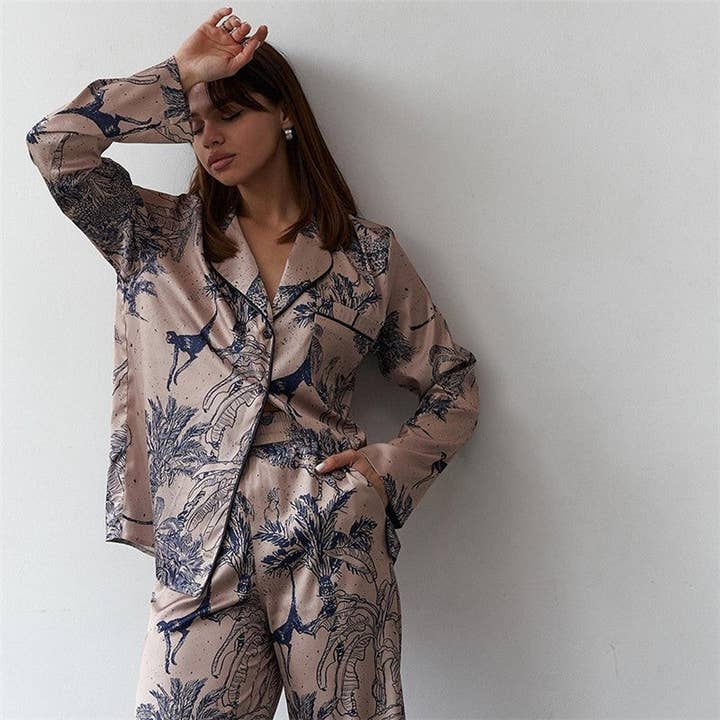 PRINTING Long Sleeve Satin Two-Piece Pajama Set with Lapel Collar and Single-Breasted Blouse for wholesale on Faire2