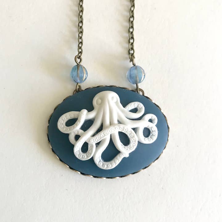 Octopus necklace, navy blue cameo pendant, vintage inspired for wholesale by Botanical Bird