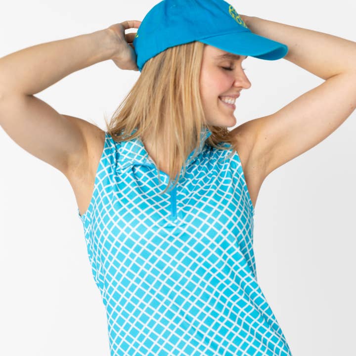 Sleeveless Blue Grid Pickleball Tennis Golf w/Sun Protection for wholesale by Ameliora