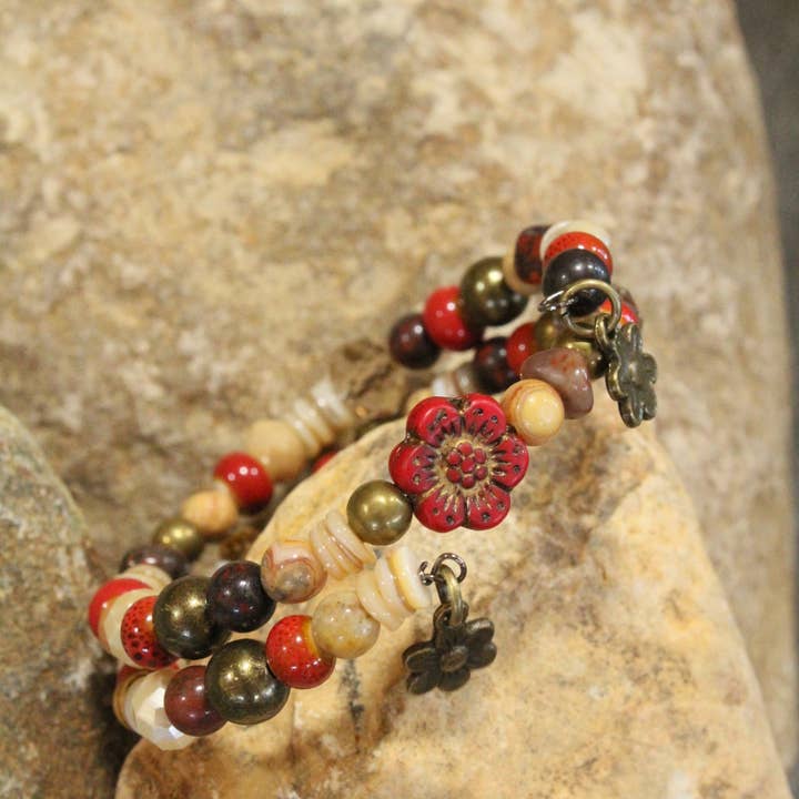 The Primitive Peddler, Inc. - Wholesale Beaded Bracelet - Red Czech Flower Stone Wrap Bracelet