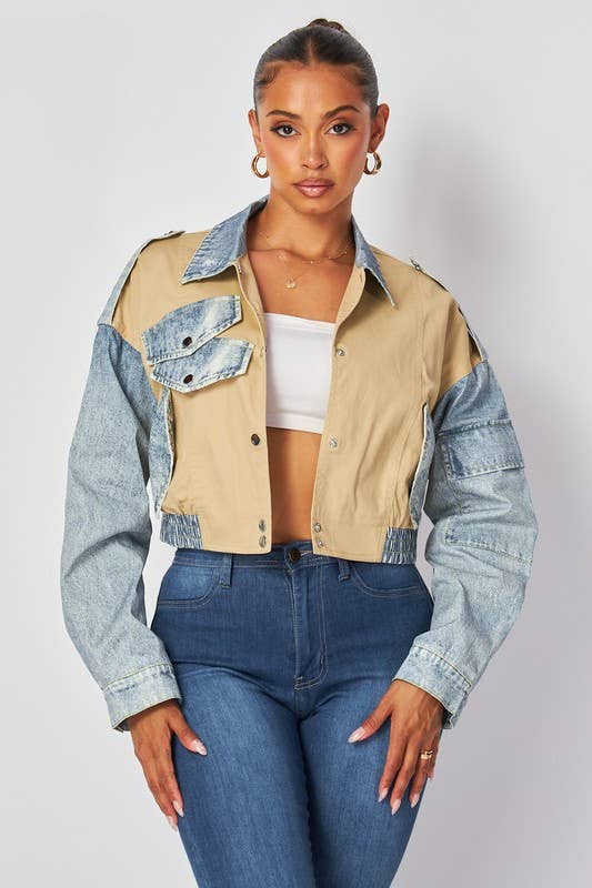 House of E ATL LLC – wholesale Denim jacket – Women's – Denim Contrast Crop Button Up Jacket - HOEA9740