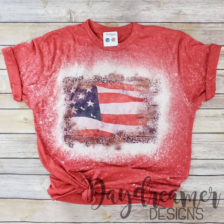 Leopard American Flag Bleached Tee for wholesale by Daydreamer Designs