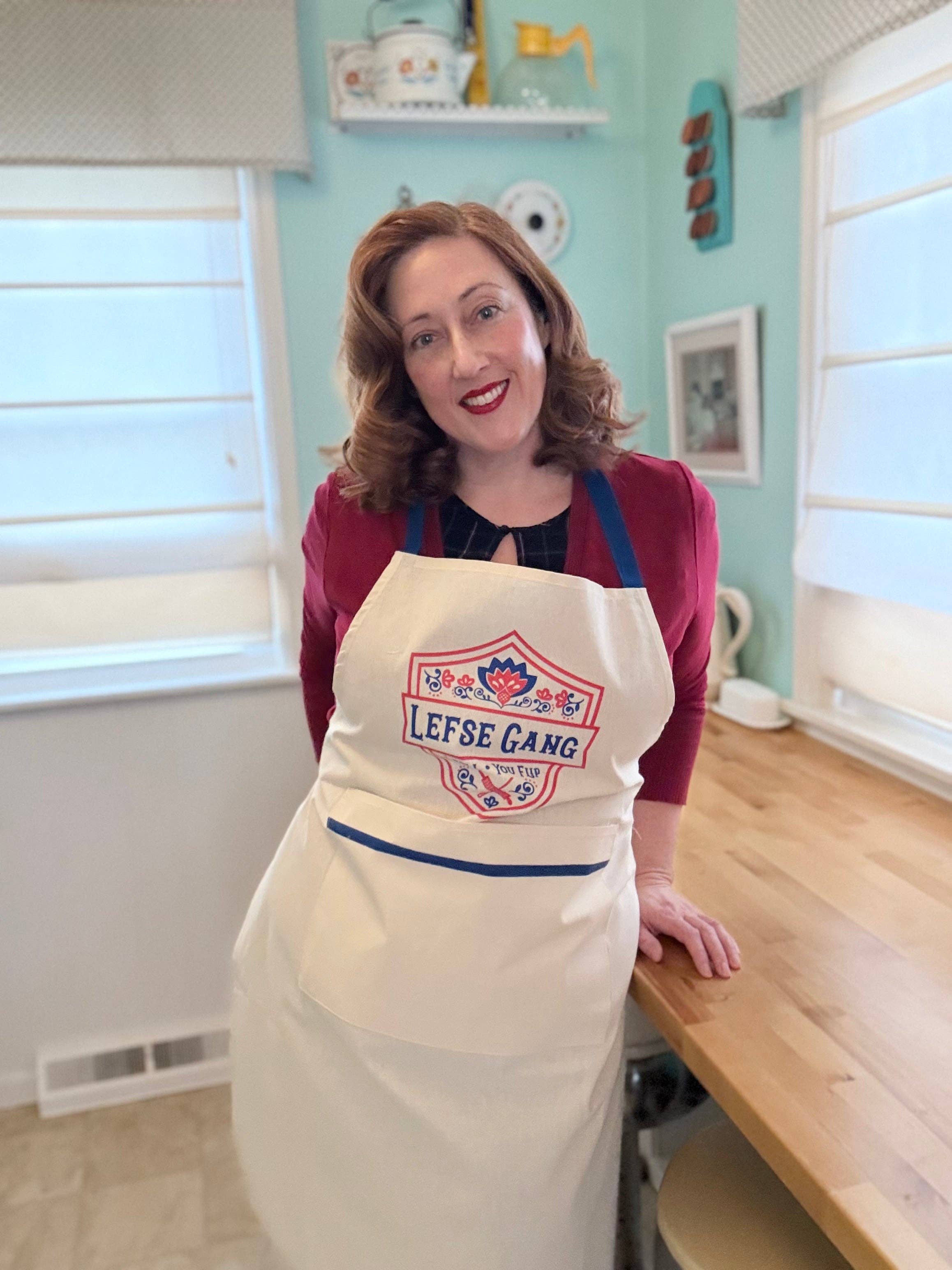 Beckamade - Wholesale Apron - Apron - New Lefse Gang Blue and Red on Natural Flour Sack Cotton Apron with Pocket1