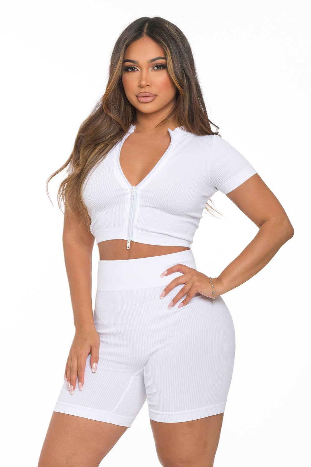 Lime All the Time - Wholesale Activewear Set - Women's - 2 Pc Rib Seamless Split Zipper Crop and Highwaist Short Set12