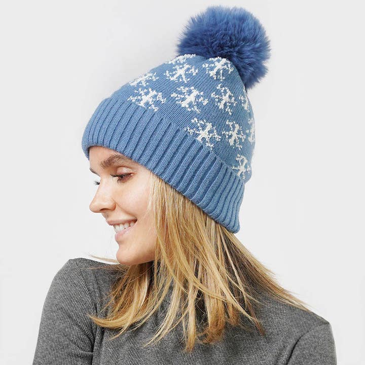 Wona Trading, Inc. - Wholesale Beanie - Women's - Snowflake Patterned Faux Fur Lining Knit Pom Pom Beanie Hat