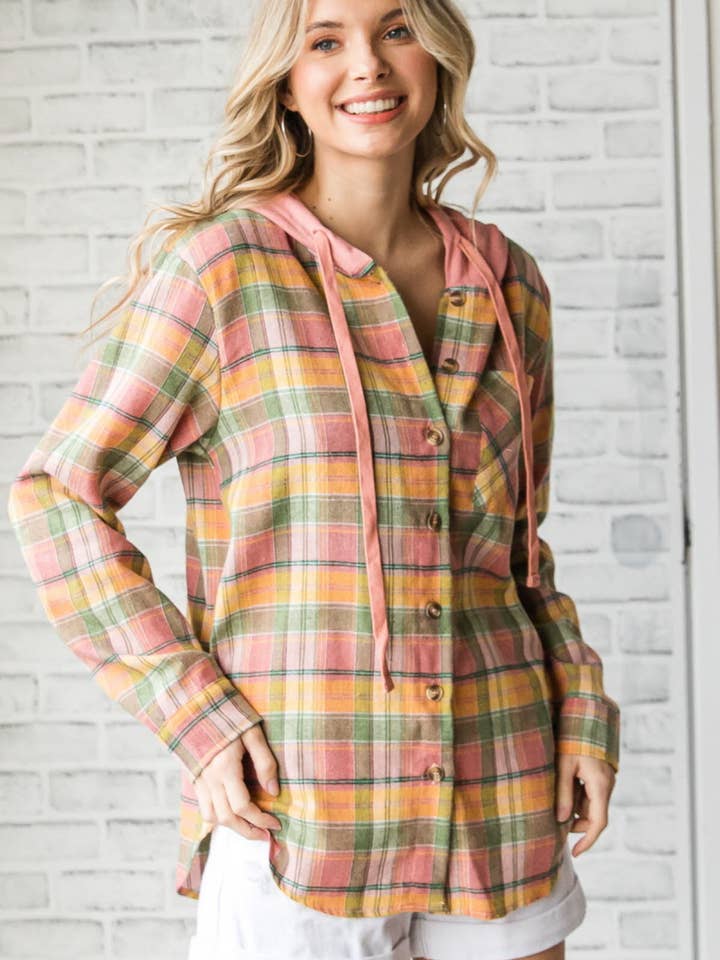 CASACO COM CAPUZ XADREZ DE MANGA COMPRIDA por atacado de Pink Irene Wholesale