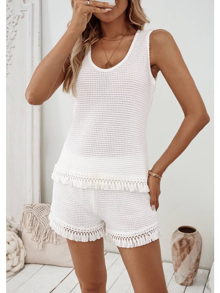 Blanc Ensemble Débardeur et Short à Franges en Crochet Blanc en vente sur Faire2
