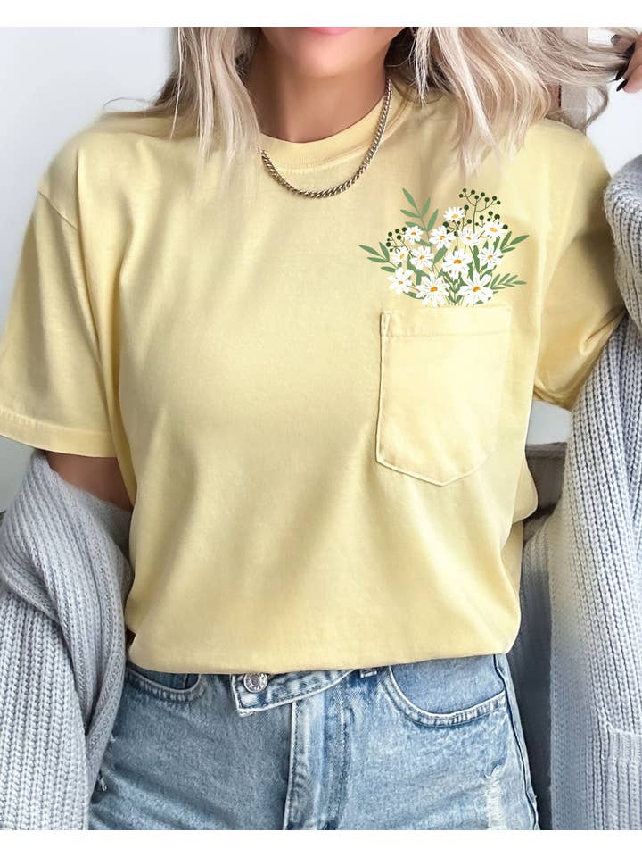 Refinery Number One LLC - Wholesale T-Shirt (Graphic) - Unisex - Floral Pocket, Vintage Flowers, Boho, Gardening Nature Shirt