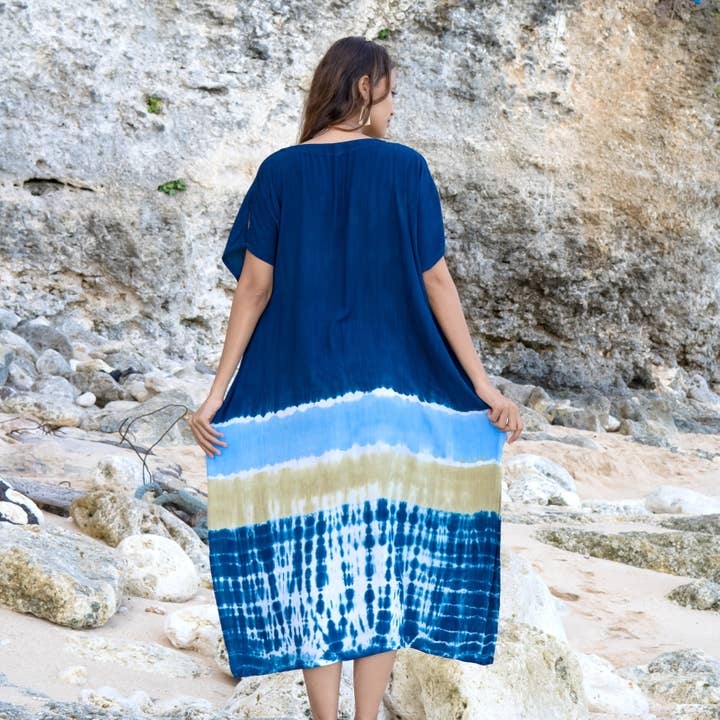 Suzie Blue Canada - Wholesale Kaftan - Women's - Beach Stripe & Tie Dye Kaftan In Blue