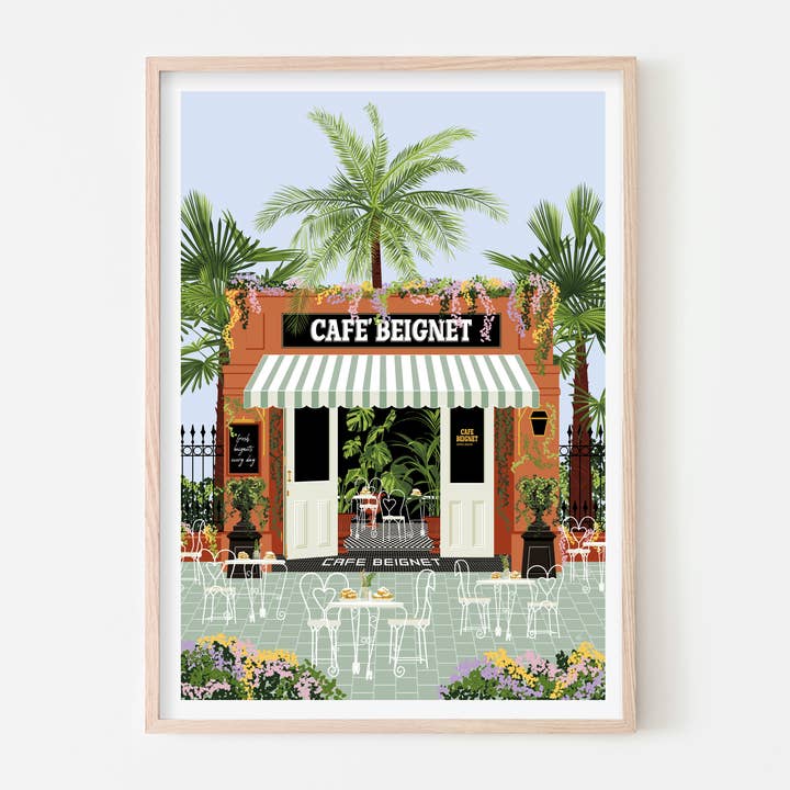 Cafe Beignet New Orleans Art Print | Trave Poster | Blue for wholesale by Vero Illustrates Art Prints and Greeting Cards