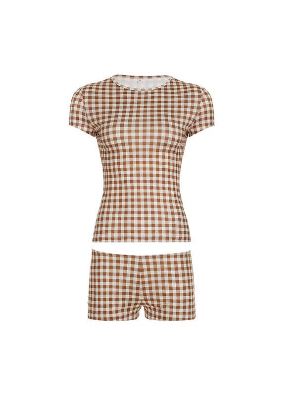 Brown Crew Neckline Shoulder Slimming Two Piece for wholesale on Faire3