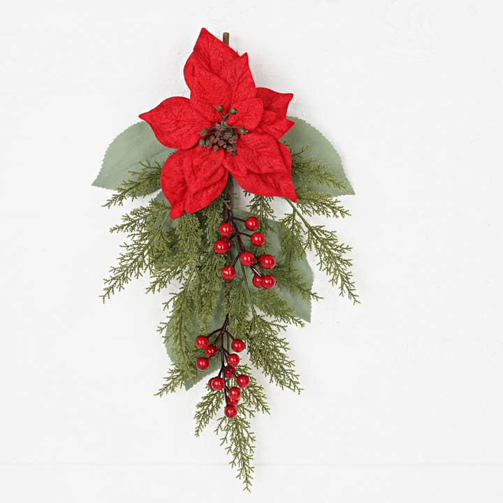 32004-20x12in Teardrop-Red velvet poinsettia w. cedar for wholesale by Holiday Depot Inc.