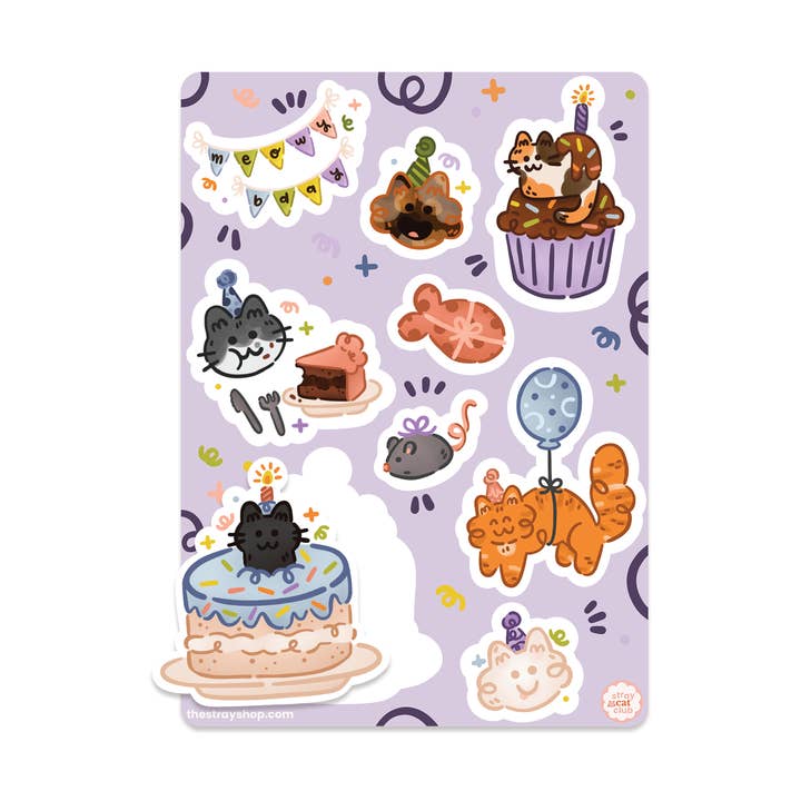 Birthday Kitties Sticker Sheet for wholesale by The Stray Shop