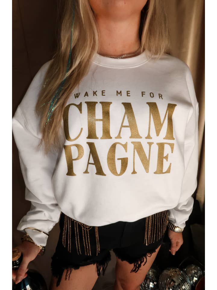 Southern Bliss Co. - Wholesale Graphic Sweatshirt - Women's - Wake Me For Champagne White Sweatshirt