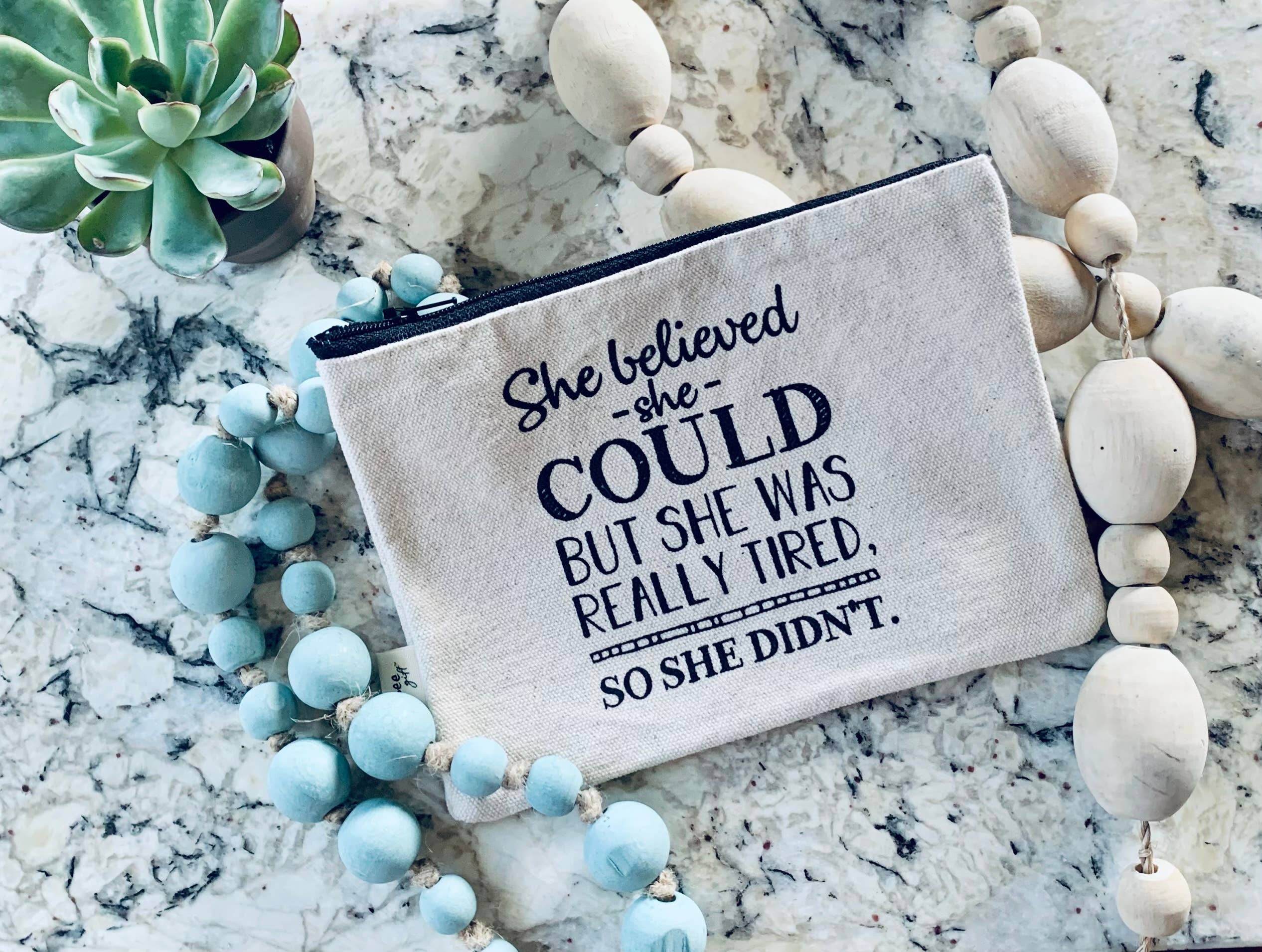 ellembee gift – wholesale Pouch – Women’s – She Believed but she was Tired so she Didn't Zipper Pouches1