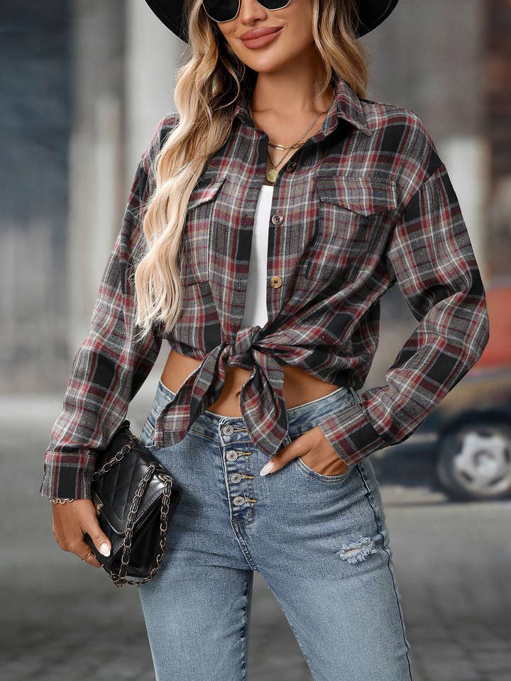 FULL TIME PURCHASE - Wholesale Button Down Shirt - Women's - Plaid Print Chest Pockets Buttoned Shirt34
