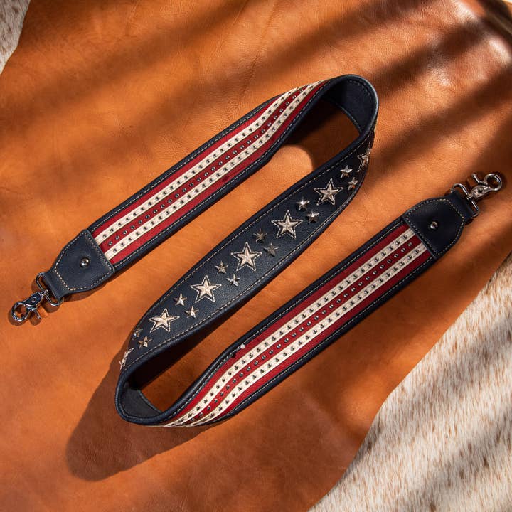 Navy PST-1009 Montana West Western Guitar Style Stars & Stripe Crossbody Strap for wholesale on Faire