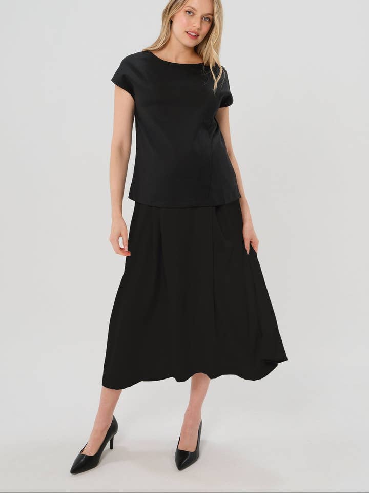 Over-Under Bump Pleated Maternity Maxi Skirt in Lightweight Wool Blend for wholesale by MARION